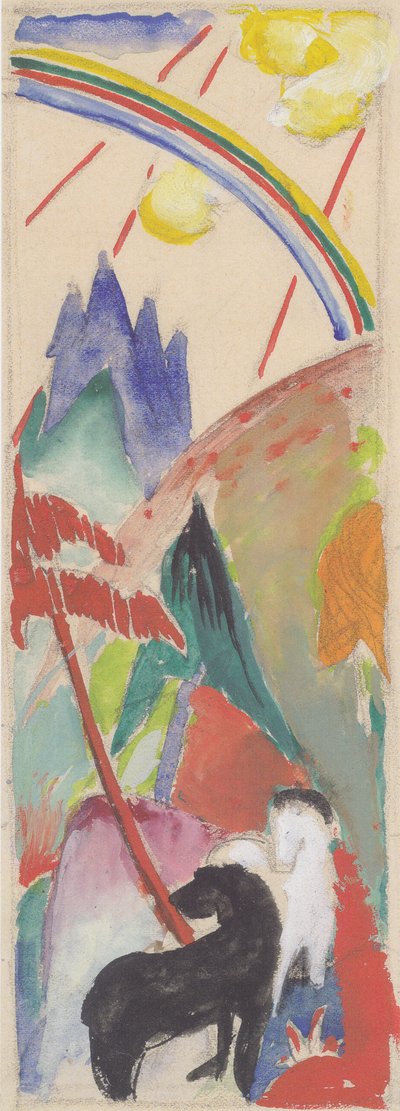 Black and White Horse in Mountain Landscape with Rainbow by Franz Marc